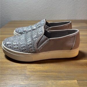 Gianni Bini Luxine Rhinestone Slip-On Sneakers, Silver, Size 6M.